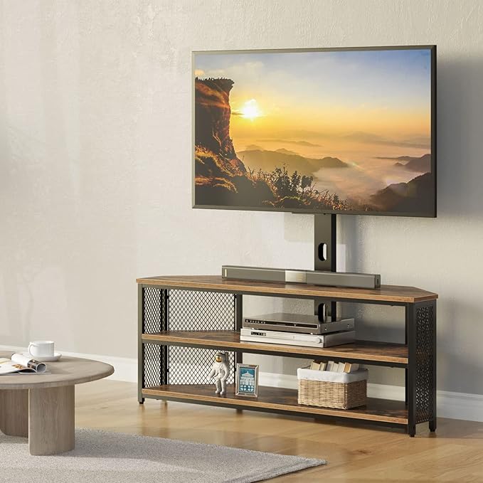 Rolanstar TV Stand with Mount and Power Outlet Swivel TV Stand Mount with LED Lights for 32/45/55/60/65/70 inch TVs Rustic Brown Entertainment Center Media Console with Height Adjustable Mount
