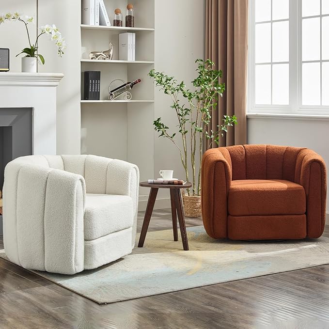 Swivel Accent Chairs for Living Room Teddy Fabric 360 Degree Round Swivel Barrel Armchair Pumpkin Shaped Single Club Sofa Recliner Chairs for Home Bedroom Apartment Office (Brown)