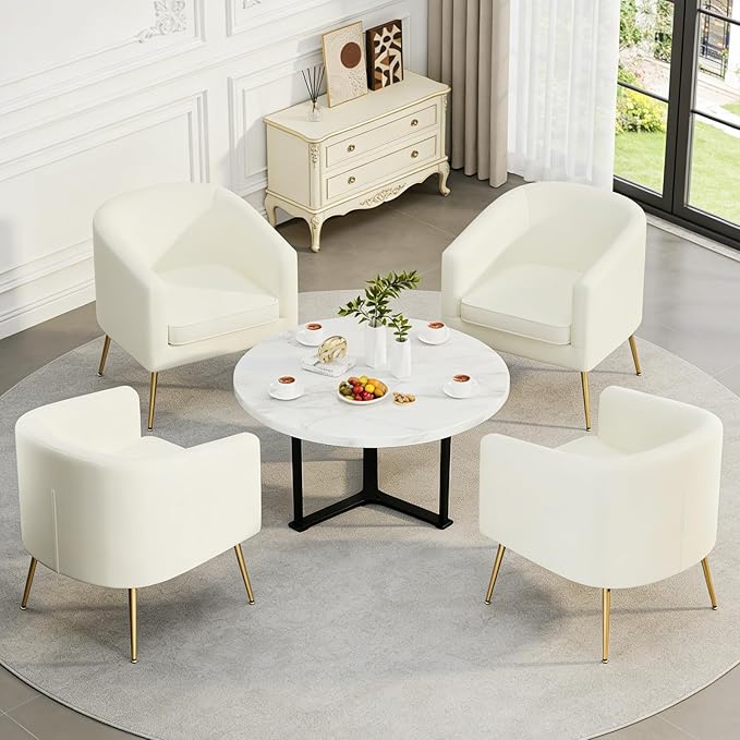 Velvet Barrel Chair Modern Accent Chair Set of 2 with Metal Sturdy Legs Club Chair Comfy Armchair Modern Tub Chair for for Living Room Bedroom Waiting Room White