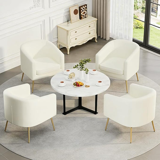 Velvet Barrel Chair Modern Accent Chair Set of 4 with Metal Sturdy Legs Club Chair Comfy Armchair Modern Tub Chair for for Living Room Bedroom Waiting Room White