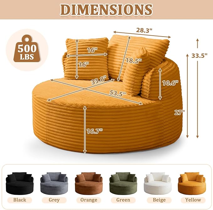 53'' Oversized Round Chaise Longue Chair Upholstered Corduroy Single Cloud Circle Sofa Chair Comfy Deep Seat Boneless Couch Bed No Assembly Required for Living Room Bedroom Apartment Yellow