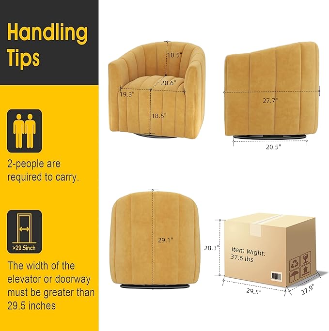 Swivel Accent Chair Velvet Barrel Arm Chair for Living Room Pumpkin Shaped Curved Chair with Metal Base for Bedroom Balcony Study Room（Yellow Set of 2）