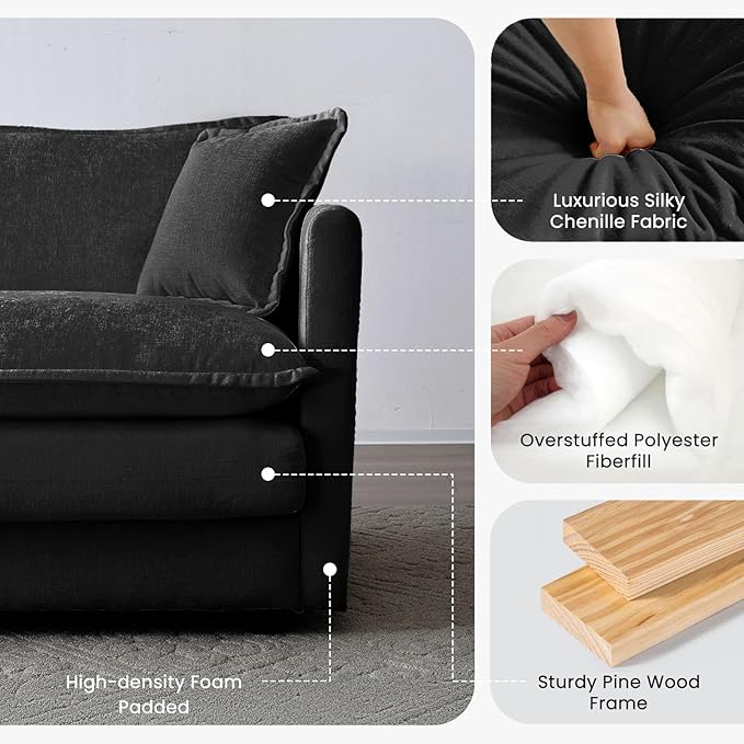 Miscoos Chenille Oversized Accent Chair - 39”W Big Comfy Modular Cloud Chair Cozy Reading Chair for Living Room Kids Room Reading Nook Bedroom Family Jet Black