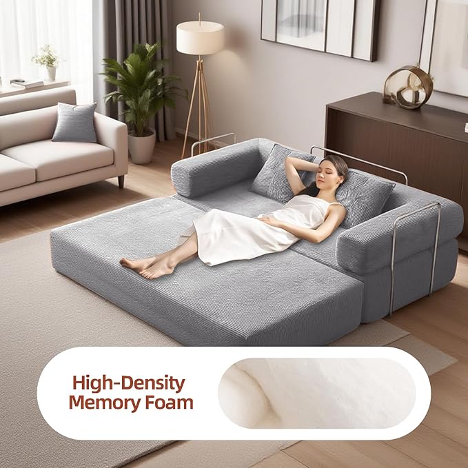 79 Convertible Sofa Bed with 2 Pillows Fixed-Shape Frame Removable Armrests Corduroy Boneless Futon Sofa Bed Modular Foldable Sleeper Couch for Living Room Bedroom Dorm（Beige Grey）