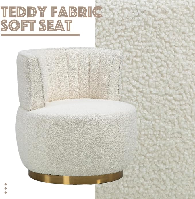 Swivel Barrel Chair White Teddy Modern Accent Chair Round Upholstered Comfy Side Chair Sherpa Chair with Gold Base for Nursery Living Room Bedroom Office Waiting Room Hotel White