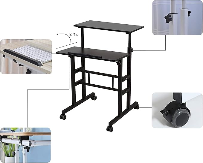 SDADI 2 Inches Carpet Wheels Mobile Desk Stand Up Height Adjustable Home Office with Standing and Seating 2 Modes for Room Black