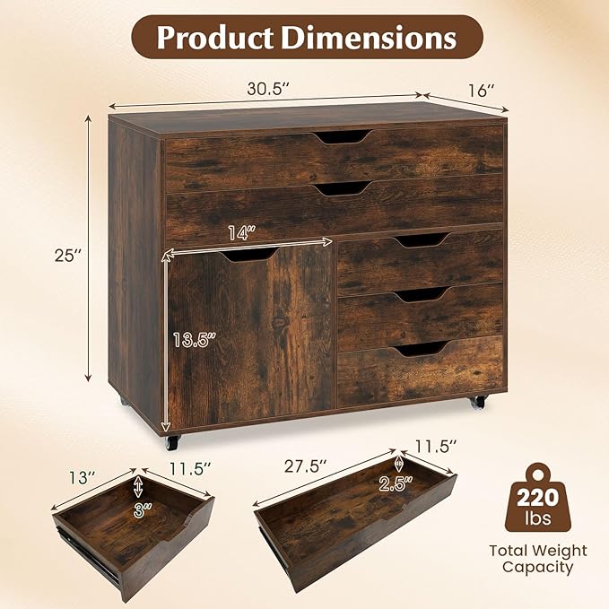 File Cabinet 5 Drawer Filing Cabinet with Door Mobile Storage Organizer Wooden Printer Stand on Wheels for Study Home Office Living Room (Rustic Brown)