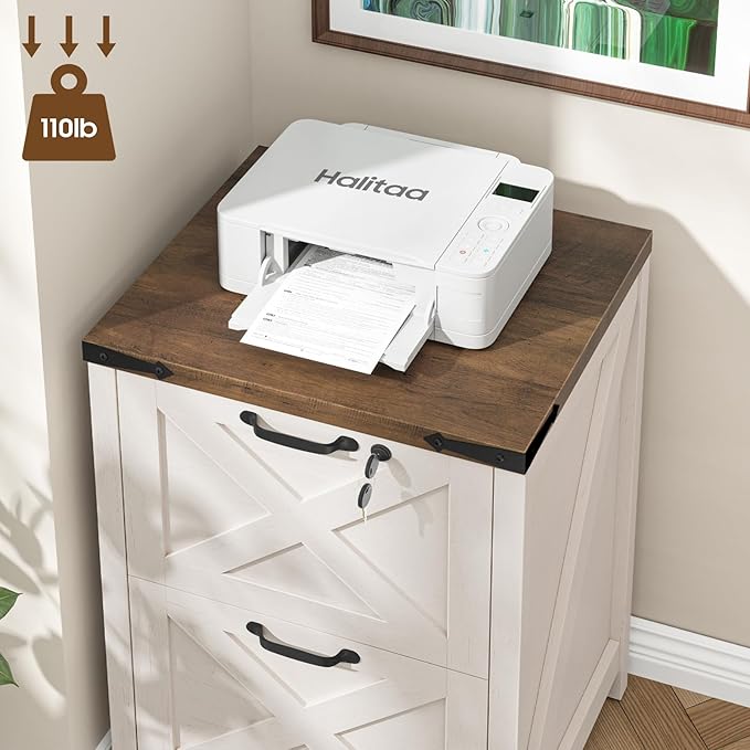 2 Drawer Small File Cabinet with Lock Farmhouse Vertical Filing Cabinet Fits Letter and A4 Size Under Desk Wooden File Cabinets for Home Office Printer Stand Rustic White