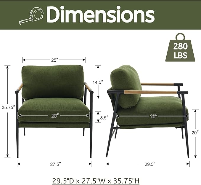 LukeAlon Mid-Century Linen Accent Chair Ultra Soft Living Room Chair with Metal Legs Modern Armchair Reading Nook Chair Lounge Chair Upholstered Comfy Leisure Chair for Bedroom Waiting Room Green