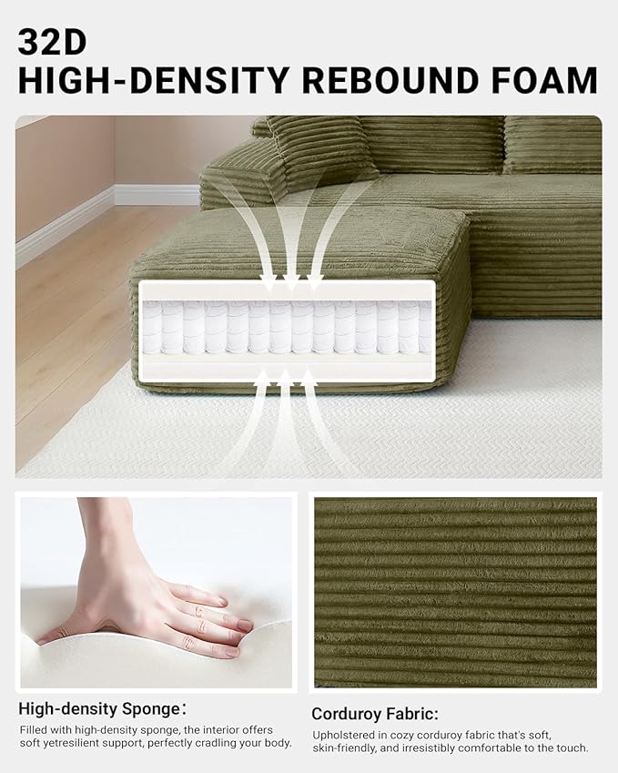 145 Oversized Cloud Boneless Sectional Sofa with Chaise Corduroy U Shaped Modular Couch with Deep Seat Fixed Frame Comfy Corner Sofa No Assembly Required (Green)