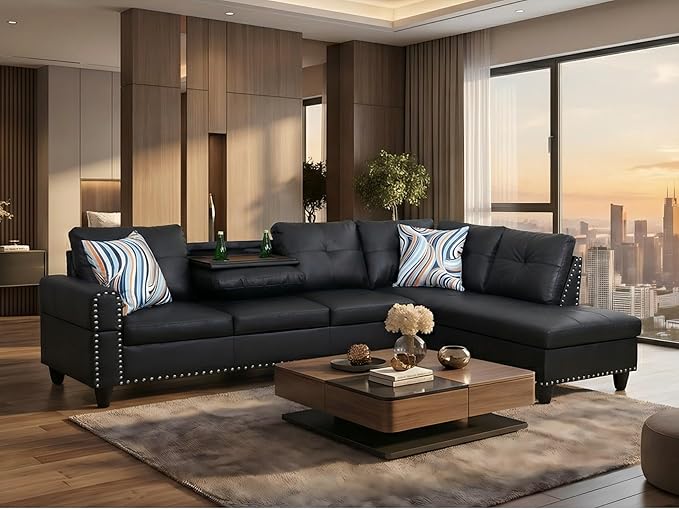 L-Shaped Sectional Couch with Cup Holders Leather Living Room Sofa with Lounge Chaise Modern 4 Seater Sofa Couch for Living Room Small Apartment &amp Office Black