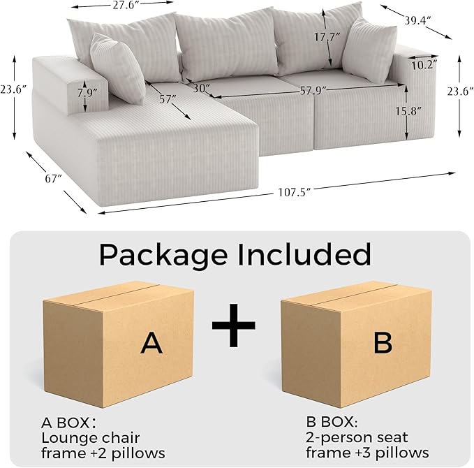 108Modern Sectional SofaModular Convertible L-Shape SofasUpholstered Couches with Deep SeatPet-Friendly Sponge Sofa for Living Room BedroomSofa bed for small space (Beige Left Facing Chaise)