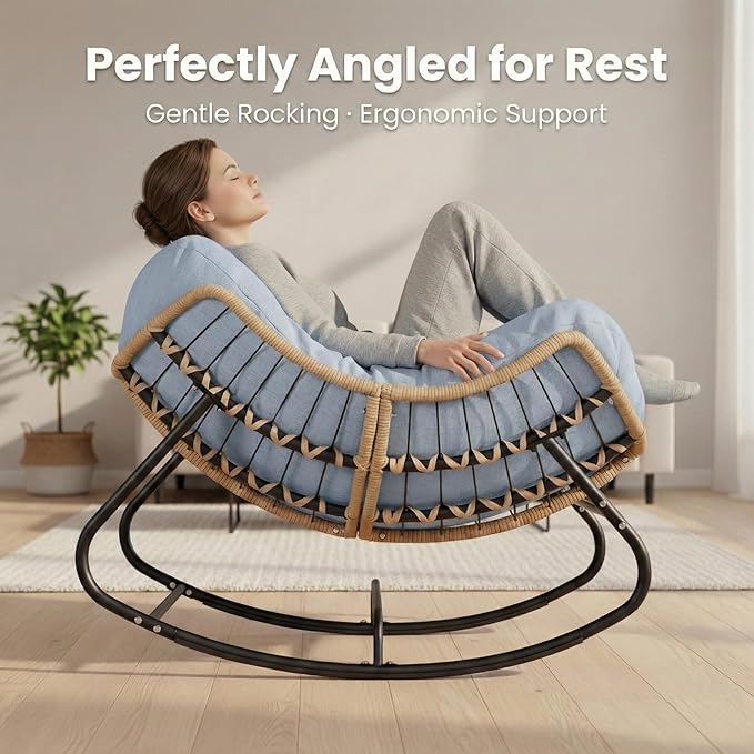 SWITTE Outdoor Rocking Chair Oversized Patio Papasan Rocker Comfy Wicker Reading Lounge Indoor Egg Chair for Bedroom Living Room Porch Garden Lawn-Light Blue