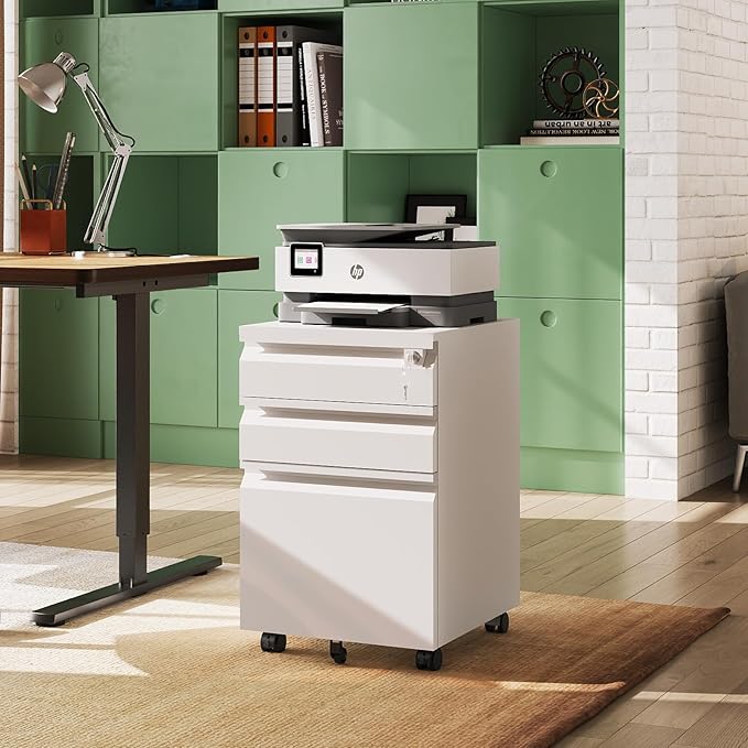 DEVAISE 3-Drawer File Cabinet with Lock &amp Wheels White Metal Filing Cabinet for Home Office Under Desk Storage Mobile Vertical Organizer Fits Letter/A4 (17 D x15 W x24 H)