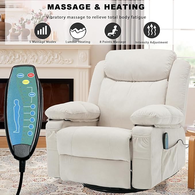 Swivel Rocker Massage Recliner Chair with Heat Overstuffed Fabric Rocking Recliners Single Sofa for Adult Manual Reclining Recliners Home Theater Lounge Chairs for Living RoomWhite