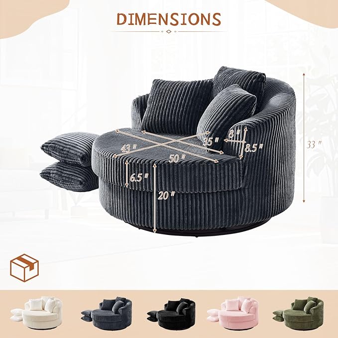 360 Degree Oversized Swivel Chair 50 Round Lounge Chair Modern Accent Circle Chair W/ 5 Pillows Upholstered Corduroy Sofa Chair for Living Room Bedroom Apartment Grey