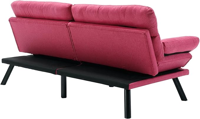 Anwick Modern Futon Couch Bed Sofa: Linen Fabric Quick Folding Armrest Space-Saving Convertible 2 Seater Loveseat for Living Room Bedroom Small Rooms Apartment (Pink) (Hot Pink)