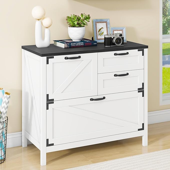 Lateral File Cabinet with 4 Drawers Farmhouse File Cabinet for Letter/Legal/A4 Size Hanging Files Large Wood File Storage Cabinets Printer Stand for Home Office Cabinet White and Black
