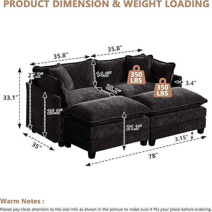 Aoowow Chenille Loveseat Cloud Couch with Ottomans78 Modular Sectional Small Love Seat Lounger Sofa for Small SpacesDouble Chaise Lounge Chairs Indoor for Living Room Bedroom (Black 2+2)