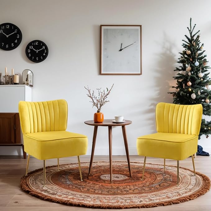 Velvet Accent Chairs Set of 6Modern Armless Living Room ChairsUpholstered Wingback Sliper Chair Single Sofa Chair with Golden LegsSmall Corner Chair for BedroomGuest RoomYellow