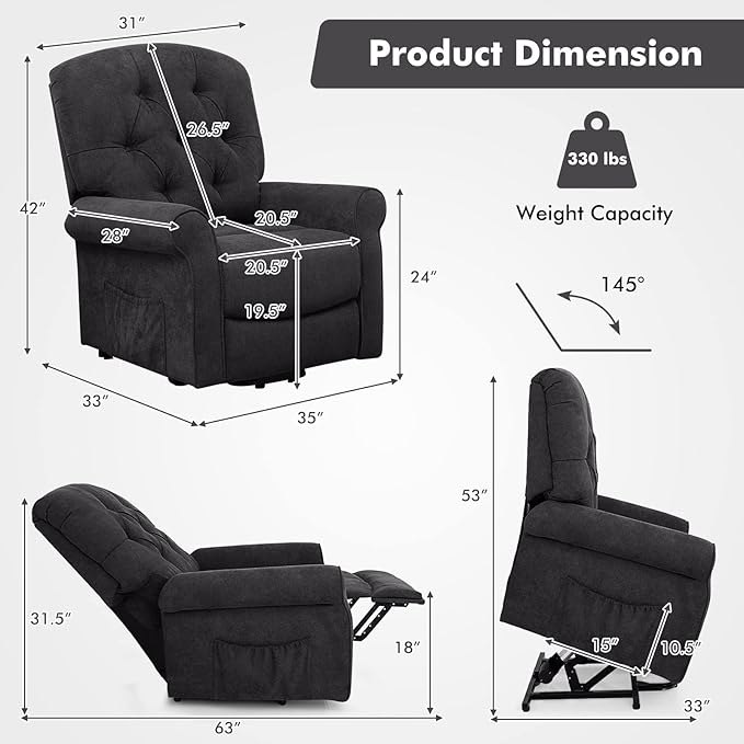 Giantex Power Lift Chair Electric Recliner for Elderly Adjustable Backrest Footrest Heavy Duty Motorized Living Room Chair Sofa with Side Pocket Remote Control Power Lift Recliner (Black)