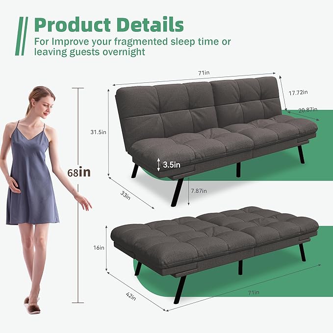 Opoiar Convertible Futon Sofa Bed71 Memory Foam Futon CouchDetachable CushionAdjustable Backrest &amp ArmrestLinen Modern Loveseat Sleeper Recliner for Living RoomOfficeApartmentRetro Grey