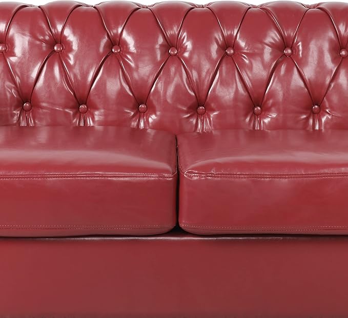 RARZOE Modern 2 Pieces Living Room Sofa Set Contemporary Tufted Button Faux Leather Three-Seater Couch and Accent Club Chairwith Nailhead Trim Scroll Arms for Home Furniture Burgundy