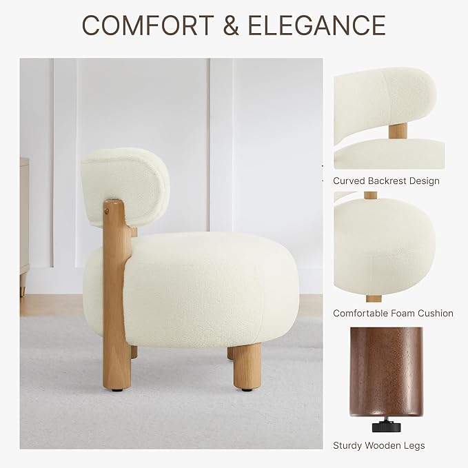 Modern Boucle Accent Chair with Plush Faux Sherpa Upholstery Curved Backrest Solid Wood Legs for Living Room Bedroom Reading Nook 27.5 White