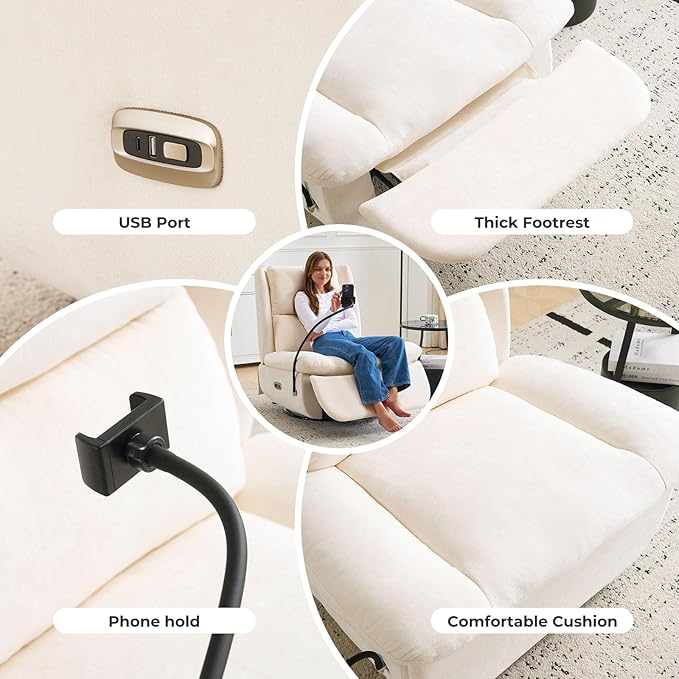 Oversized Power Recliner Chair for Adults270°Swivel Rocker Recliner with USB PortElectric Glider Recliner Chair with StorageOversized Armless Recliner with Phone HolderBeige