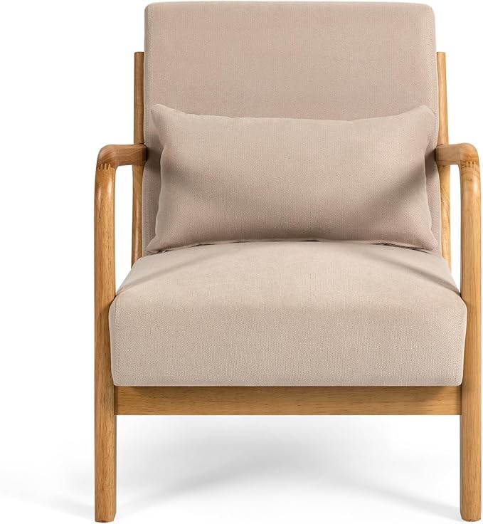 Mid-Century Modern Linen Accent Chair Solid Wood Armrests and Legs Solid &amp Comfortable Seating for Living Room