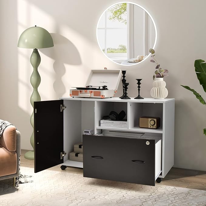 Lateral File Cabinet with Lock Filing Cabinet for Legal/Letter/A4 Size Files 40” Printer Stand with Open Storage Shelves for Home Office Mobile File Cabinets on Wheels