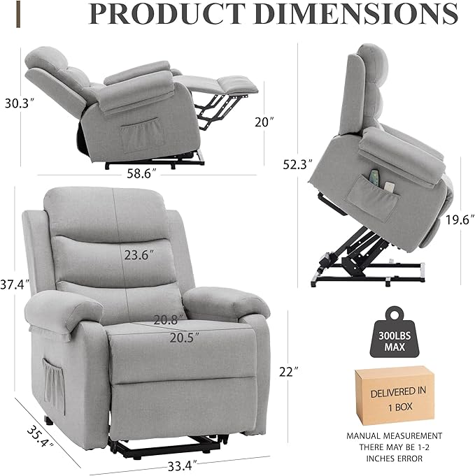 Power Lift Recliner Chair for Elderly Electric Lift Chair for Adults Small Recliner with Side Pockets for Living Room Reading Room Recliner Saves Your Favorite Position Lightgrey