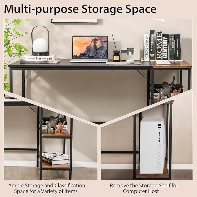 Multifunctional Computer Desk Industrial Study Writing Desk w/Removable Storage Shelf Heavy-Duty Metal Frame 55 Inch Desk for Home Office Gaming Room Bedroom (Black)