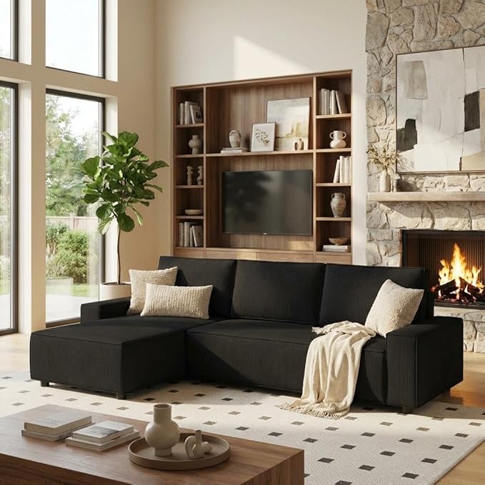GAOMON Fine Stripe Corduroy Sectional Sofa l Shaped Modern Corduroy Couch Comfy Sofa Couch with Deep Chaise for Living Room Apartment Hotel 96 w*61 d*32 h Black