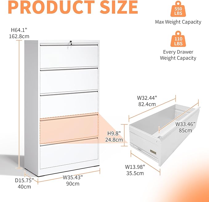 5 Drawer Small File Cabinet with Lock Locking Filing Cabinet for Home Office Under Desk Storage Cabinet Organizer with DrawersWhite