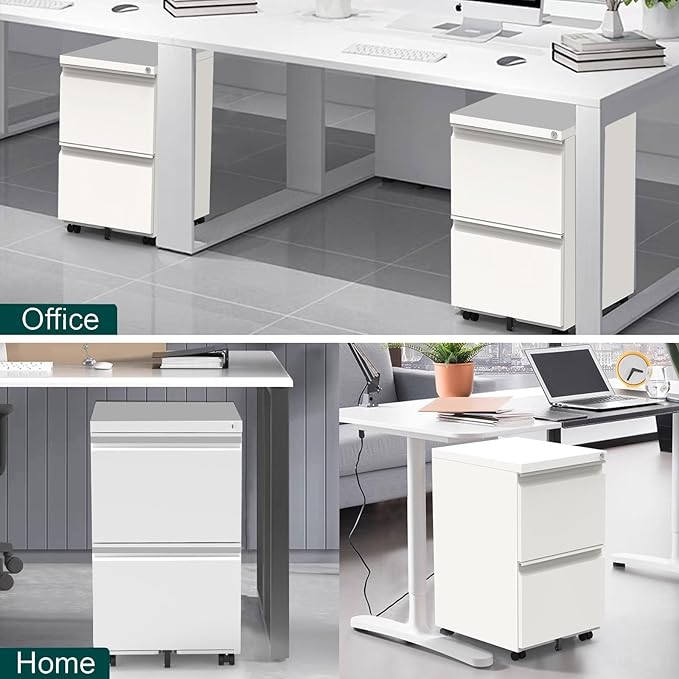 2 Drawer Mobile File Cabinet with Lock and Wheel Anti-tilt Design Metal Vertical Filing Cabinet Rolling Desk Filing Cabinet fits Letter/Legal Size for Home Office (White)