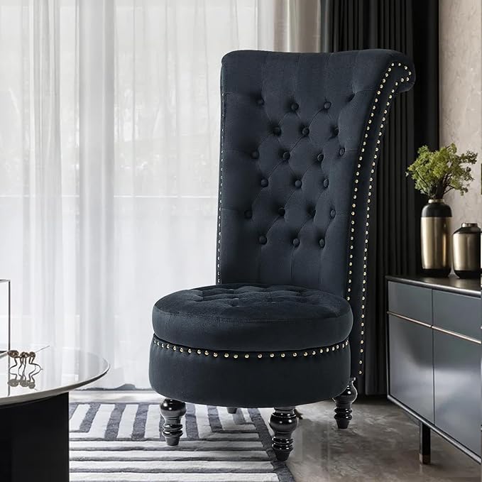 AVAWING High Back Throne Chair Velvet Armless Royal Accent Chair w/Storage Nailhead Trim &amp Rubberwood Legs for Living Room &amp Bedroom Black