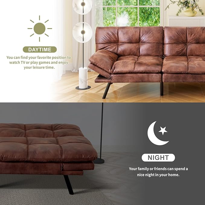 Vipbear 71 Futon Sofa Bed - Convertible Sofa Beds/Adjustable Backrest &amp Armrest Comfy Loveseat Sleeper for Small Spaces Apartments &amp OfficesFaux Leather Brown Futons