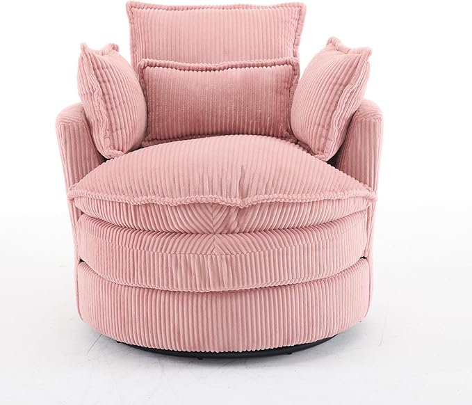 Karl home Swivel Barrel Chair-Corduroy360 Degree Modern Lounge Armchair ChairComfy Round Accent Single Sofa Chair with 3 Pillows for Living RoomBedroomLoungeHotelPink