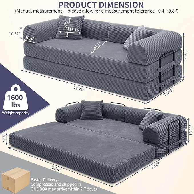 Convertible Sleeper Sofa Bed 1600lbs Weight Capacity Floor Sofa Bed with Fixed-Shape Frame Corduroy Foldable Couch for Small Space Lounge Mattress for Living Room Apartment Game Room (Dark Grey)