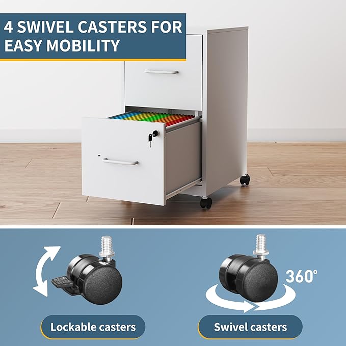 2 Drawer File Cabinet on Wheels Mobile Filing Cabinets with Lock Metal Storage Cabinet Vertical Filing Cabinets for Home Office Rolling File Cabinet for Under Desk Amssebly RequiredWhite