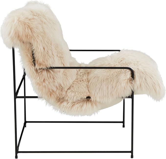 First of a Kind Cozy Natural Genuine Sheepskin Accent Chair - Bedroom Chair with Modern Iron Frame - 440 lbs Capacity Sumptuous Upholstery - Fully Assembled 27 W x 33 D x 35 H