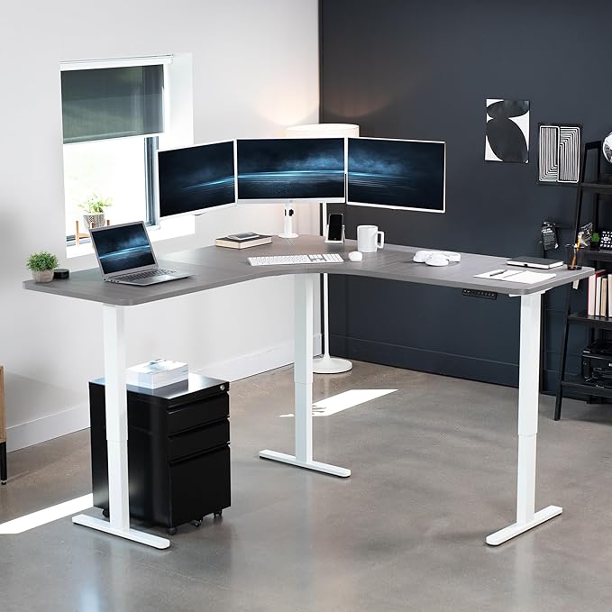 VIVO Electric Height Adjustable 71 x 71 inch Curved Corner Stand Up Desk Dark Gray Table Top White Frame Memory Controller L-Shaped Workstation E3C Series DESK-KIT-E3CWG