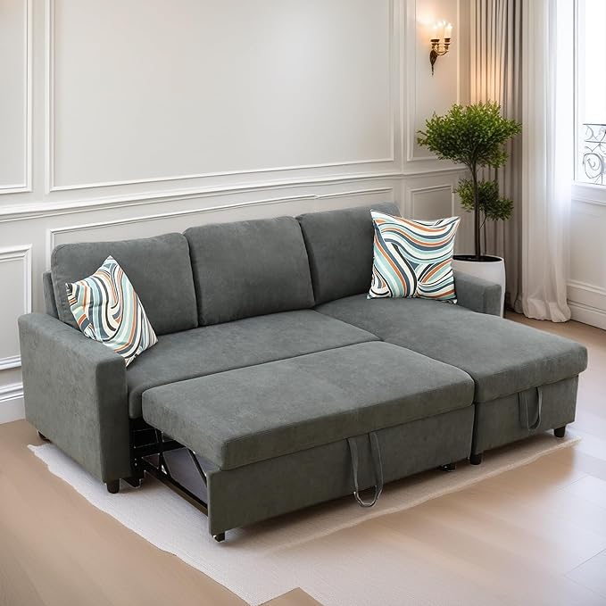 FONTOI Sofa Bed Pull Out Couch Convertible Sectional Sleeper Sofa with Storage Chaise Modern Lounge L Shaped Couch Bed for Living Room Bedroom Small Spaces Grey