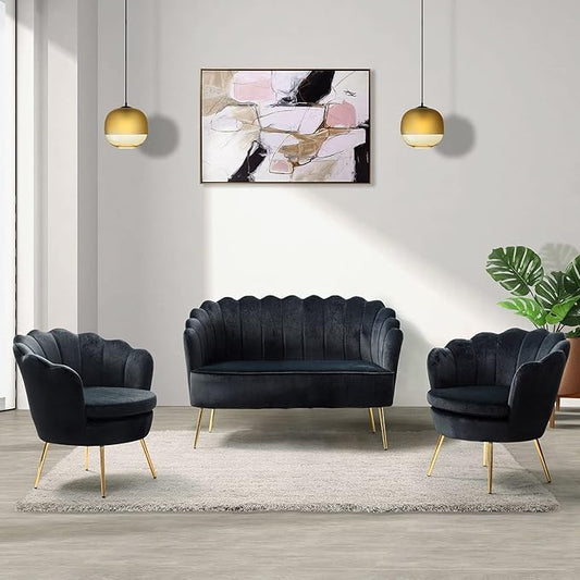 HULALA HOME 3 Piece Velvet Living Room Furniture Set Including Loveseat &amp 2 Sofa Chairs Modern Comfy Upholstered 2-Seater Sofa &amp Accent Chair Set for Bedroom Flower Shaped Back &amp Gold L