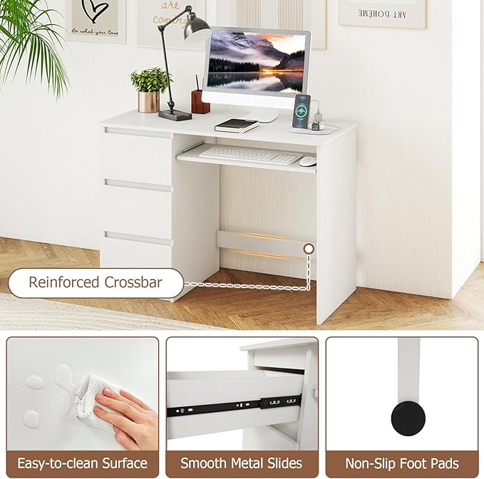 GOFLAME Computer Desk with 3 Drawers &amp Charging Station 42” Home Office Desk with Storage &amp Keyboard Tray Writing Desk PC Workstation Vanity Table (White)