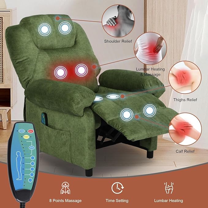 Pushback Massage Recliner Chair with Heat Fabric Heated Massaging Reclining Chair Single Sofa for Adults Mid Century Small Push Back Manual Recliner for Living RoomGreen