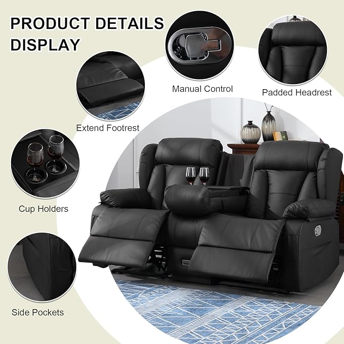 72.8 Manual Reclining Loveseat Sofa - Wall Hugger Double Loveseat Recliner with Console Fold-Down Table and Built-in Outlets Manual Recliner Chair for Living Room RVs Home Theater (Black)