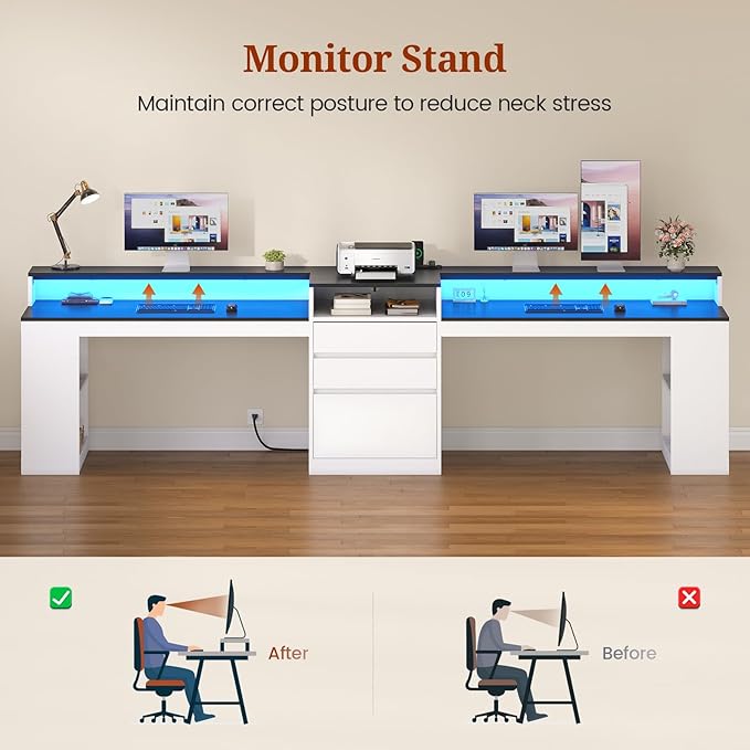 96.6 Long Computer Desk 2 Person Desk with LED Lights &amp Power Outlet Modern Two Person Gaming Desk with File Drawers Monitor Stand Printer Shelf ＆ Storage Double Table for Home Office White