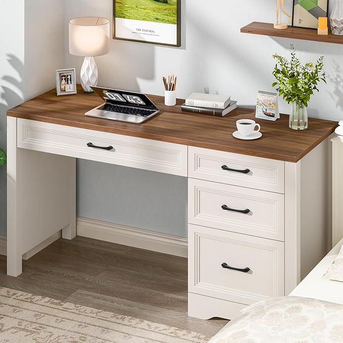 Vabches Farmhouse Executive Desk with Storage and Ample File Drawer Rustic Large Home Writing Desk for Bedroom White
